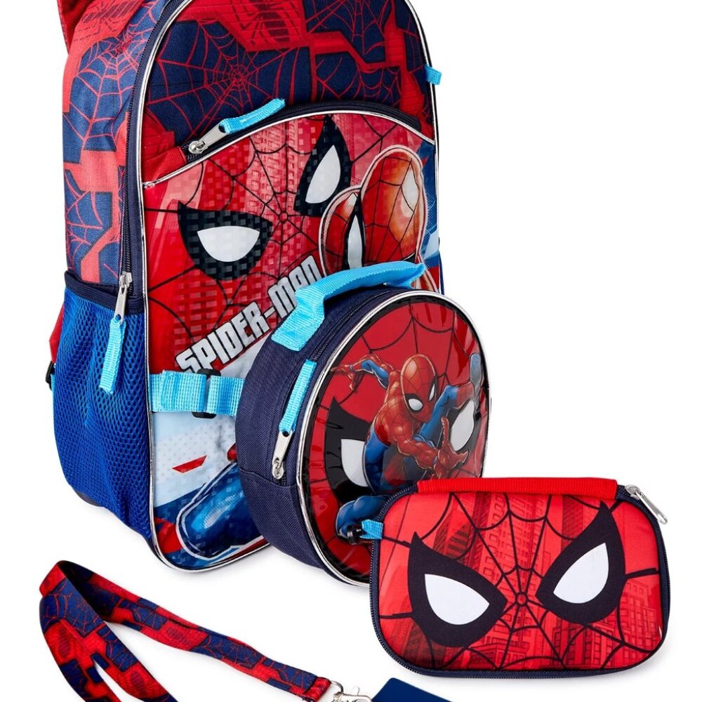 New Marvel Spiderman 17" Backpack 4PC | Backpack, Lunch Bag, Lanyard, & Zip Case